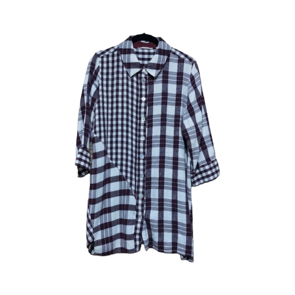 Soft Surroundings Womens Button up Shirt-tunic 3/4 Sleeve Plaid Size L Eggplant